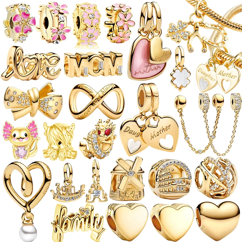 New Original Golden Mother Daughter Detachable Double Heart Pendant Charms Beads DIY Women Jewelry Gift Beads Fit Bracelets