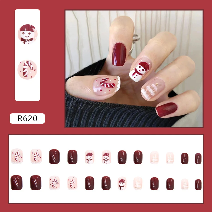 24Pcs/Set Show White Red Colour Christmas Atmosphere Wearing False Nails Short Fake Nails Tips French Removable Press-on Nails