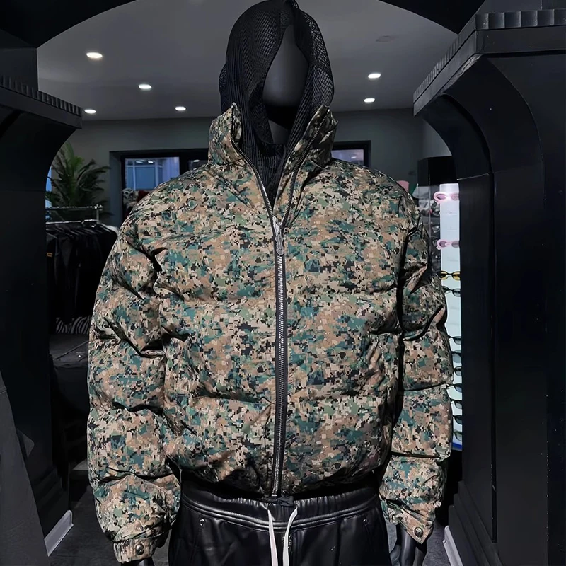 

Stock Real Picture Winter Camouflage Print THUG CLUB Coat Neutral Standing Collar Customized Logo Button Thug Club Overcoat