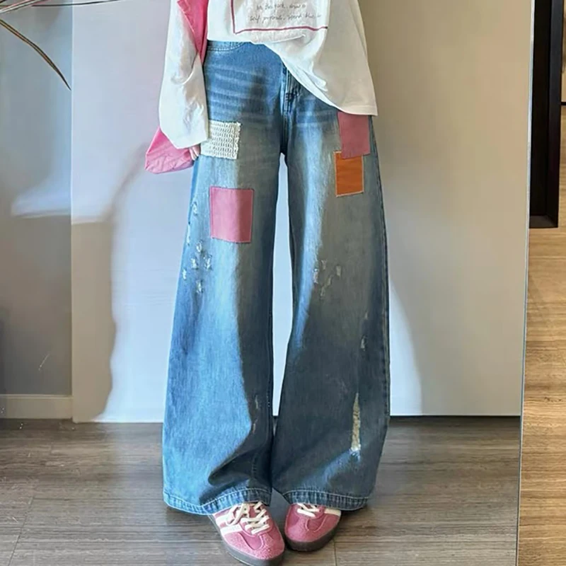 

Американские ретро цветные лоскутные джинсы женские повседневные джинсовые брюки с высокой талией в пол модные потертые прямые брюки с вышивкой