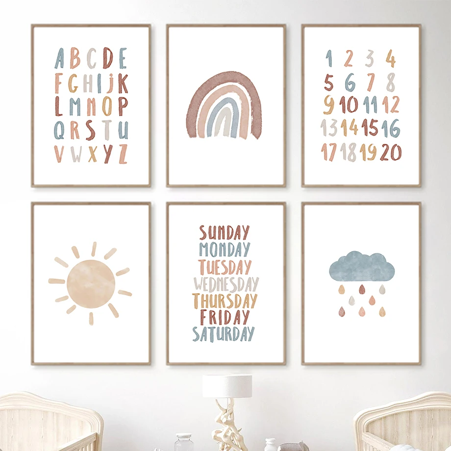 Sun Counts to Seven – Cloud Rainbow Alphabet Week Number Frameless Canvas Poster for Baby Kids Nursery Room Home Decor