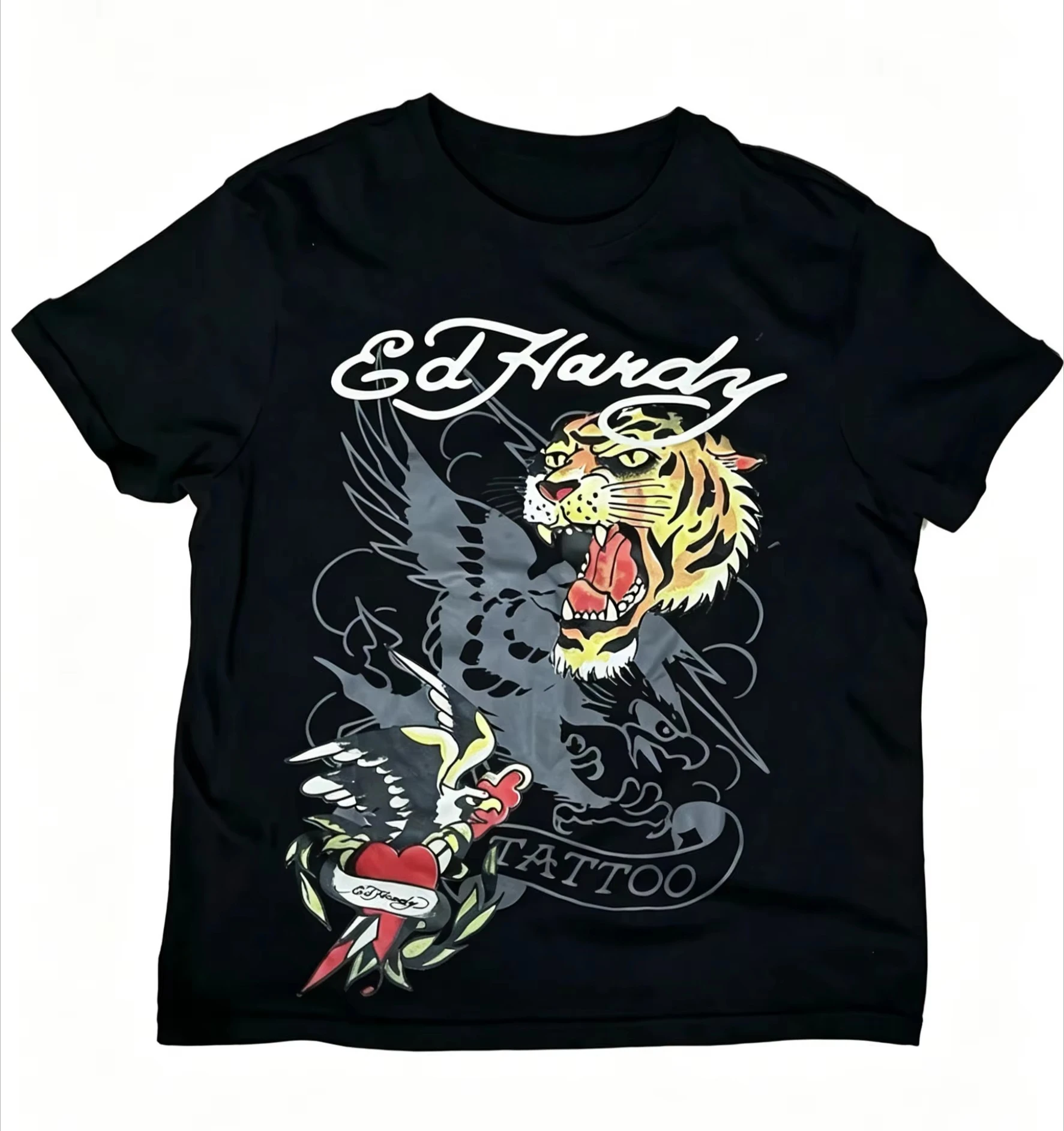 2026 Summer Tiger print Short sleeved Top American Retro Street Trend Personality Dark Punk Suitable for Both Men and Women
