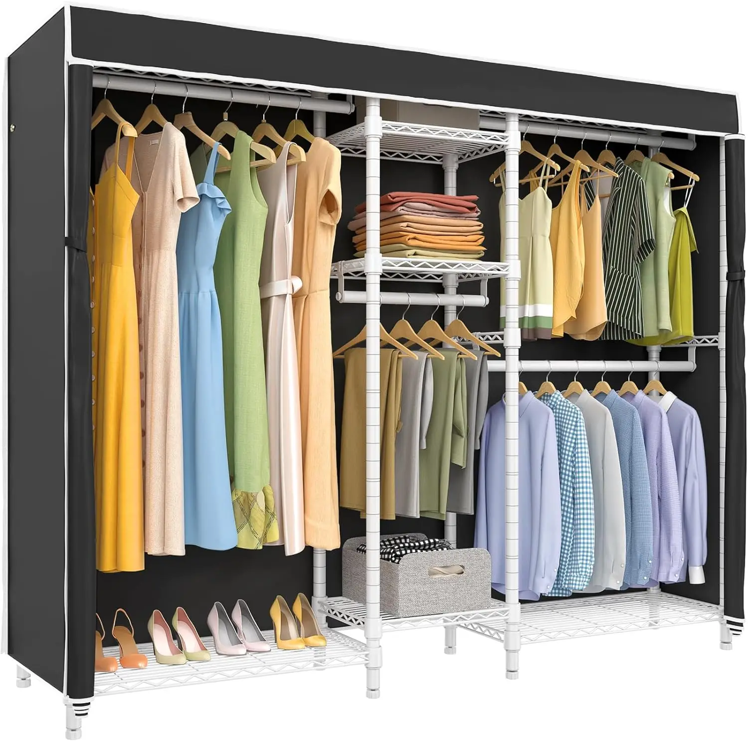 

V6L Covered Garment Rack Heavy Duty Clothes Rack with Cover and Dimmable LED Lights, Portable Closet Wardrobe Freestanding