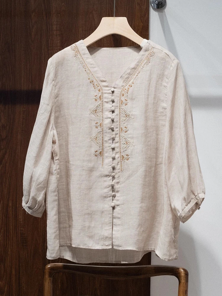 100% Ramie 여성 캐주얼 셔츠 새로운 도착 2025 여름 빈티지 스타일 v-목 자수 느슨한 편안한 여성 탑 셔츠 T639