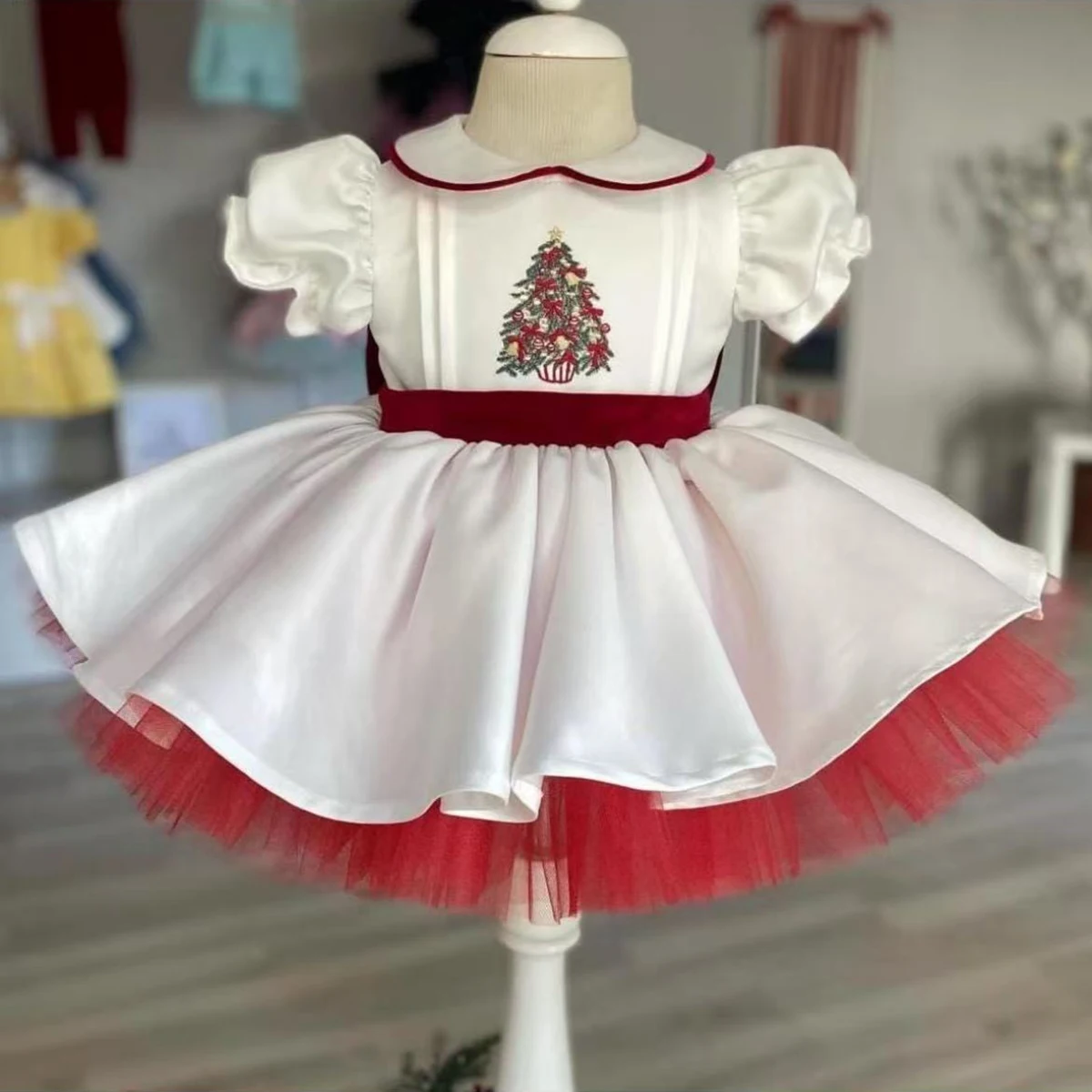 

Summer Girl Christmas Tree Embroidered Red Bow White Puffy Dress For Casual Party Birthday Wedding Photography