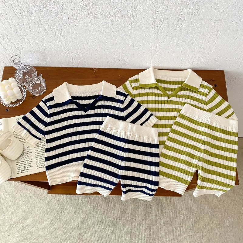 

Fashion New Summer Baby Clothing Set 0-3Years Toddler Boy Girl Short Sleeve Striped Knitwear Jumper Tops+Pant Bottom 2PCS Outfit