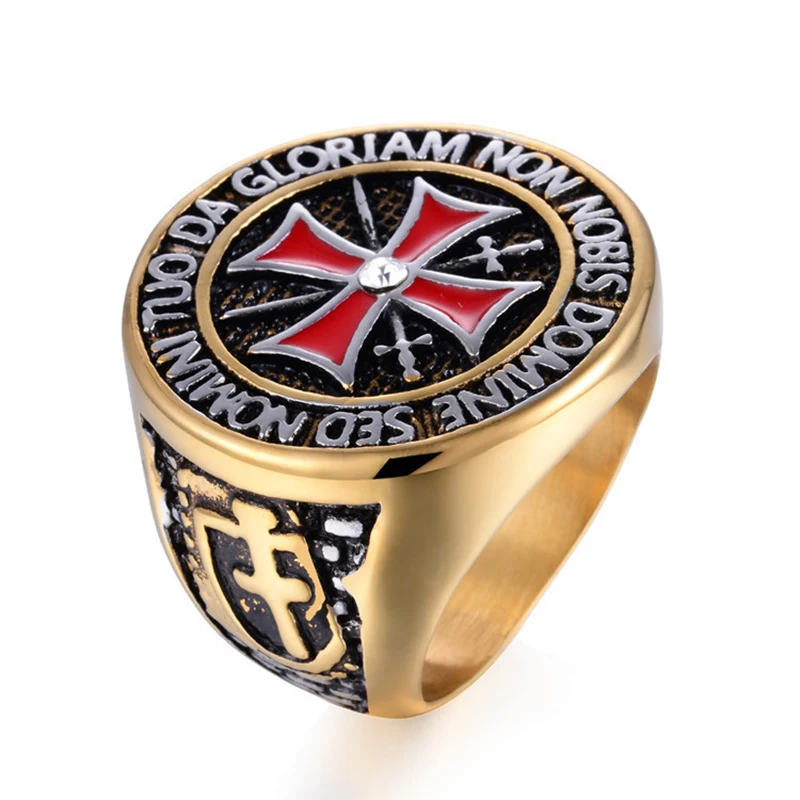 Domineering Knights Templar Rings For Men Silver Color stainless steel Red Cross Inlaid Cubic Zirconia men ring Jewellery Gift