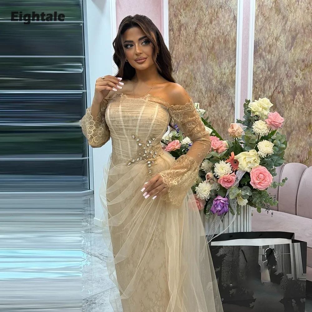 

Eightale Luxury Evening Dresses Customized Strapless Lace Long Sleeves Muslim Tulle Prom Gown for Wedding Party robes de soirée