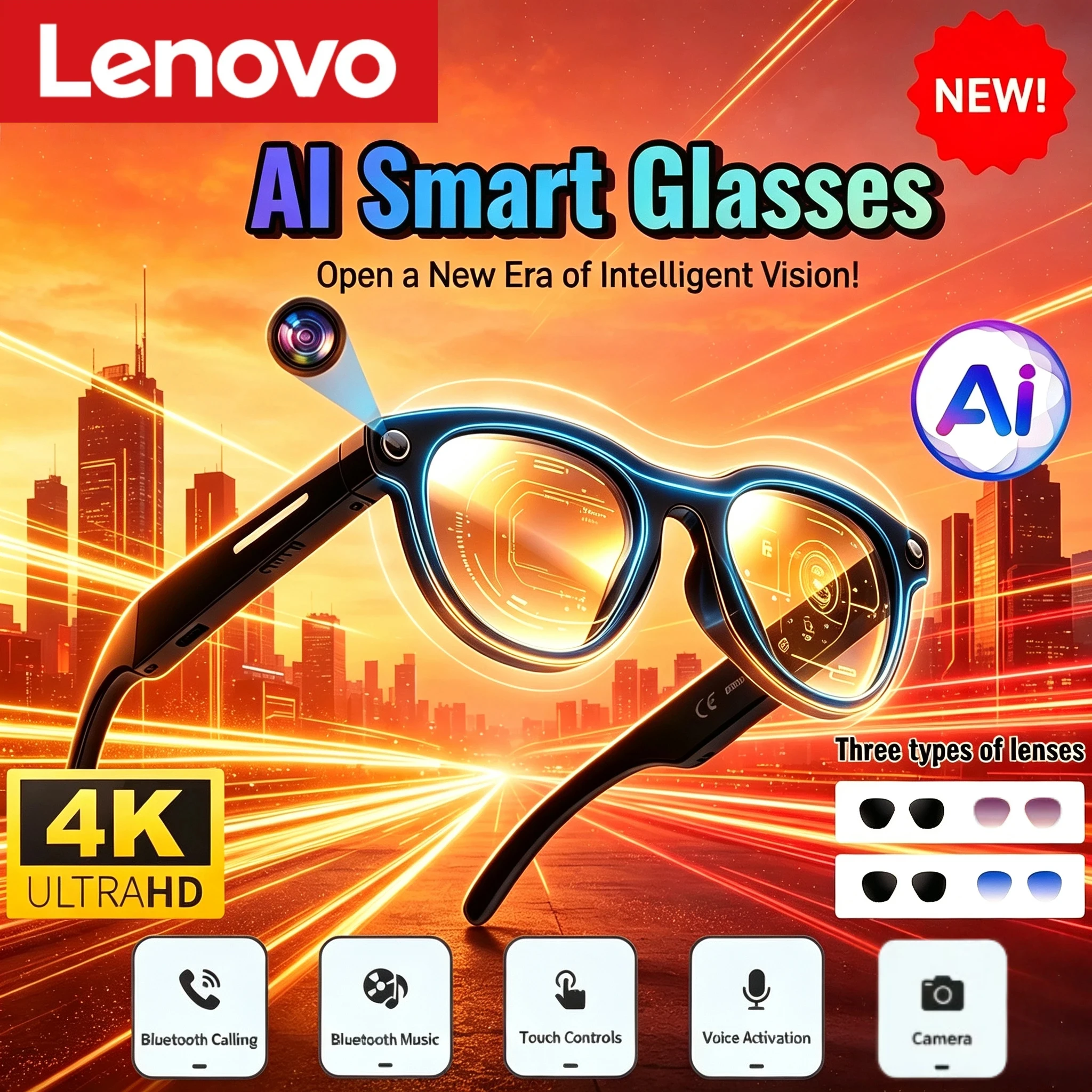 Lenovo New AI Smart Glasses 800W HD 4K Shooting Camera Photo Video Voice Call Translation Bluetooth AI Smart Glasses Upgrade