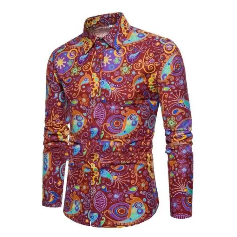 Fashion Paisley Floral Print Men\'s Shirts Vintage Style Lapel Button-Up Long Sleeve Tops Hip Hop Men/Women Casual Party Clubwear