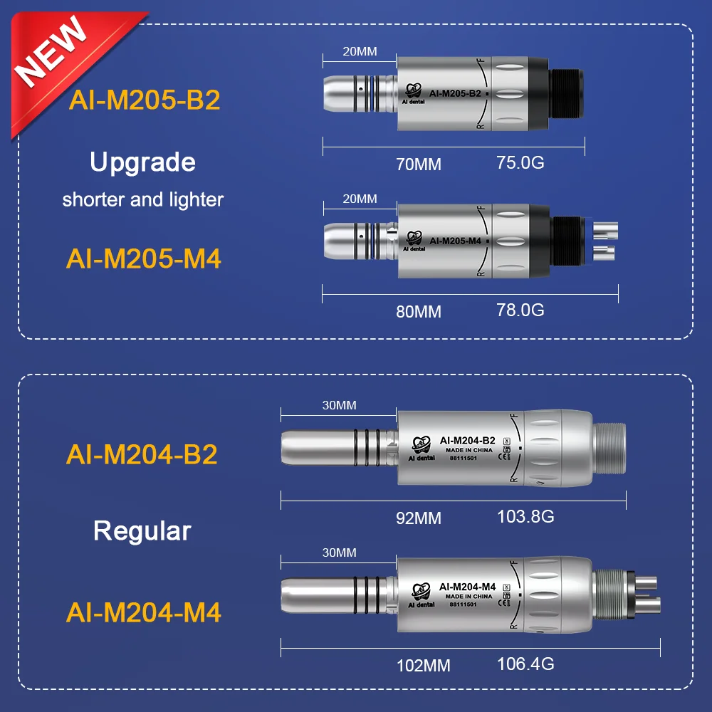 Minicuerpo de acero AI-M205-M4/B2, Micromotor de aire con PULVERIZADOR DE AGUA interno, contraángulo, pieza de mano recta de baja velocidad para