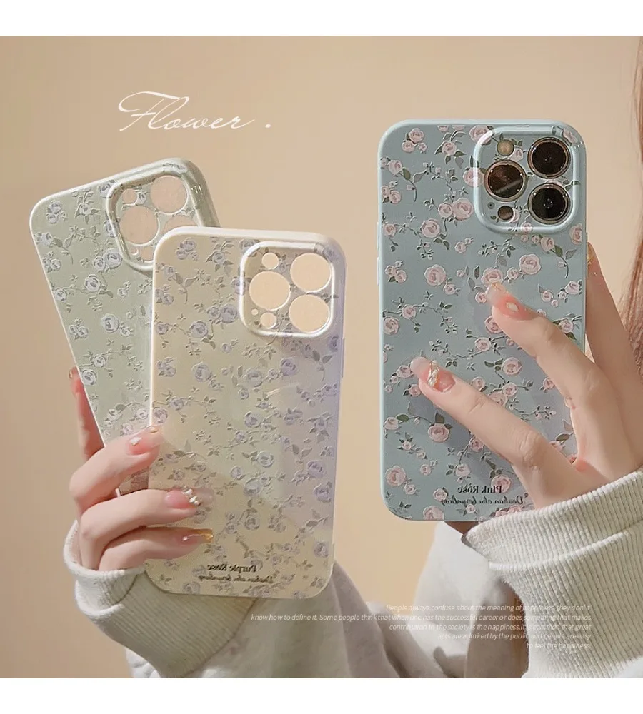 Light Tone Tiny Purple Rose Floral Print Phone Case For Iphone 12 13 14 15 16 17 Three Color Soft Matte Shell