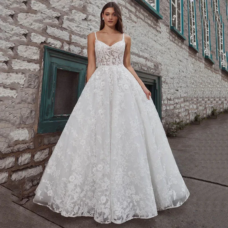 

Lace A Line White Women's Wedding Dress Sexy Strap Sleeveless Ruffles Tulle Beach Garden Birthday Long Bridal Gown Skirt Robes