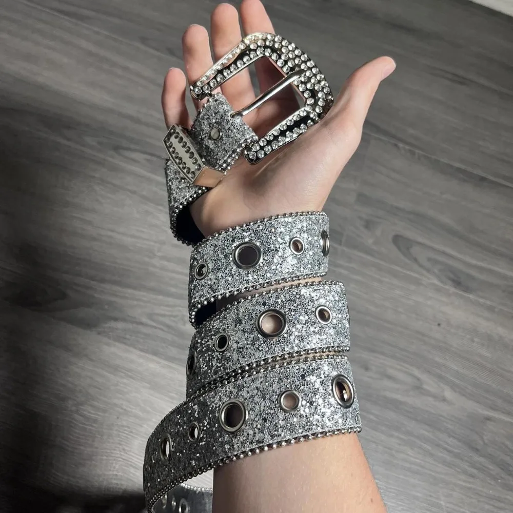 Western Cowgirl Belt for Jeans Unisex Rhinestone Belt for Men and Women Leather Belt Bling Sequin Waist Belts