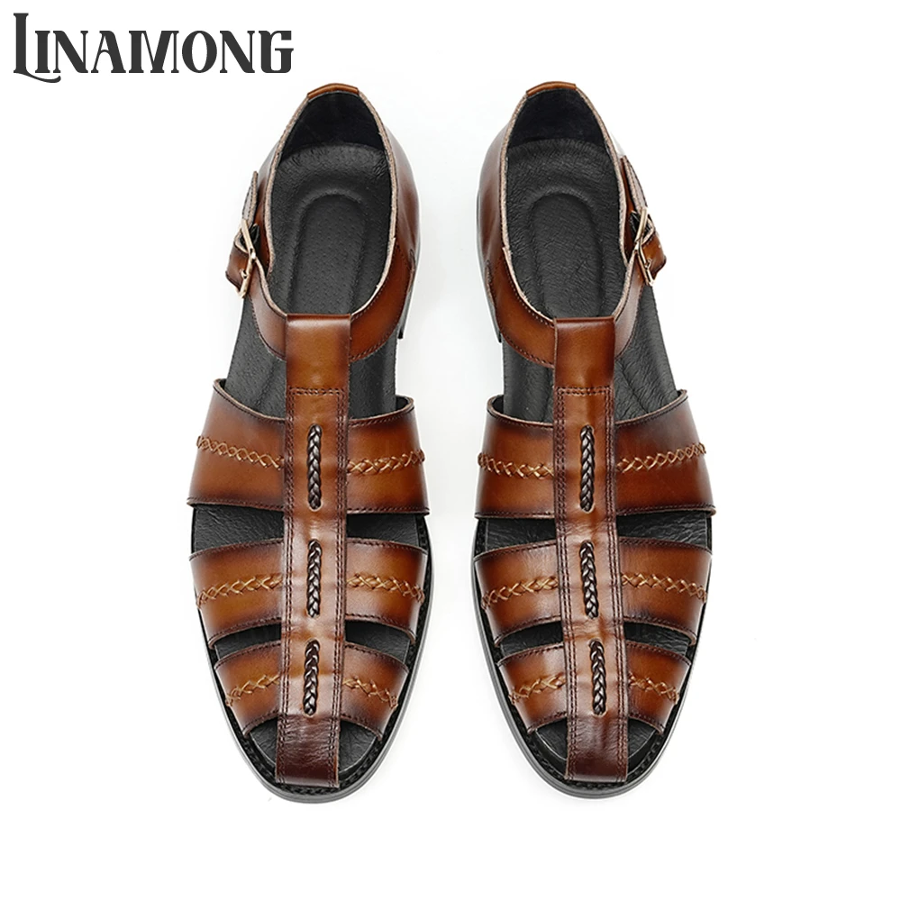 

Vintage Style Genuine Leather Sandals Buckled Hollow Sandals for Men Closed Toe Summer Shoes Breathable Summer Men Leather Shoes