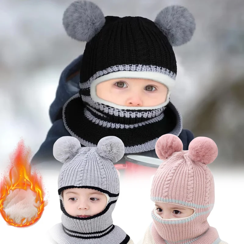 

Autumn Winter Children's Caps Boys Girls Knitted Woolen Beanie Hat Winter Baby Warm Hats with Scarf Cover for Kids Windproof Cap