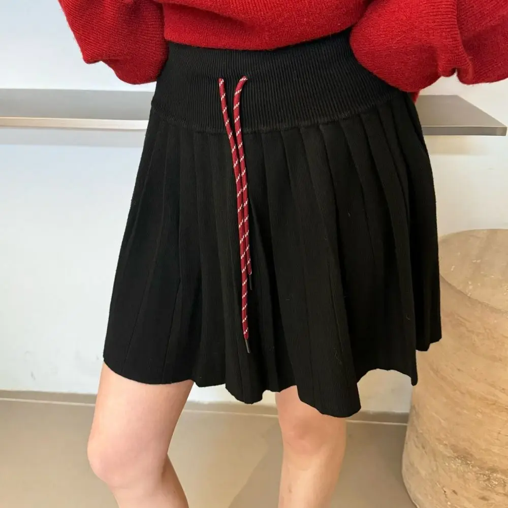 

Simple Drawstring Pleated Mini Skirts Preppy Short High Waist Skirt JK Dress Elastic Knitted Mini Skirt Summer