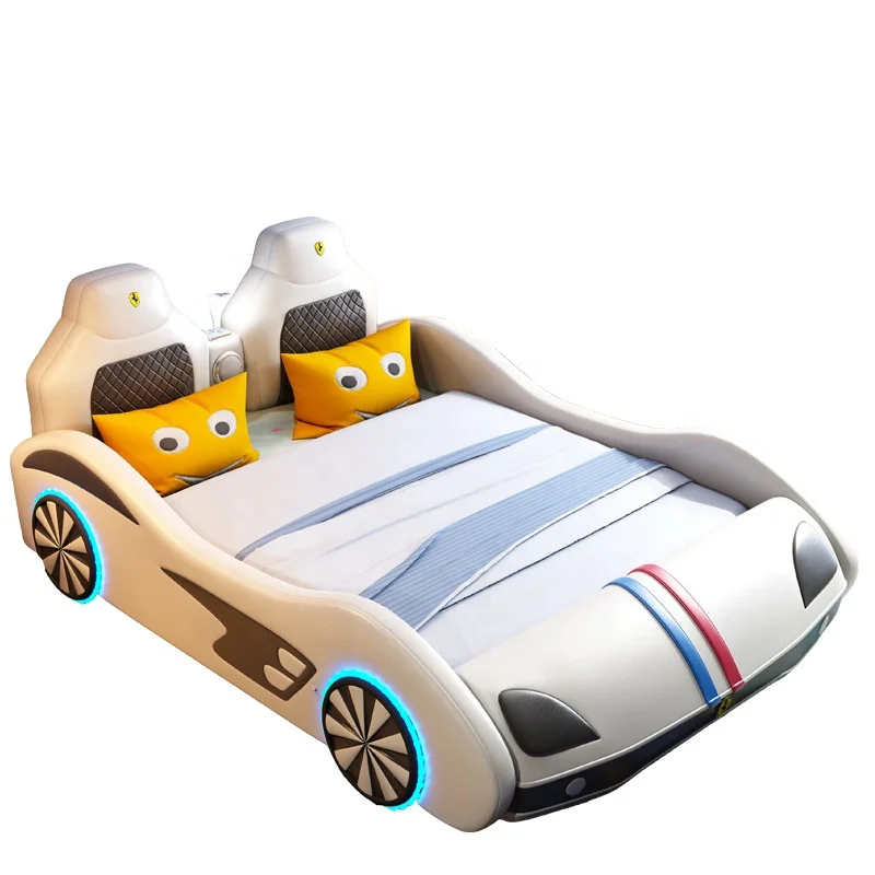 Cama para carro infantil de desenho único, couro de madeira maciça criativa, cama para carro esportivo multifuncional para menino e menina