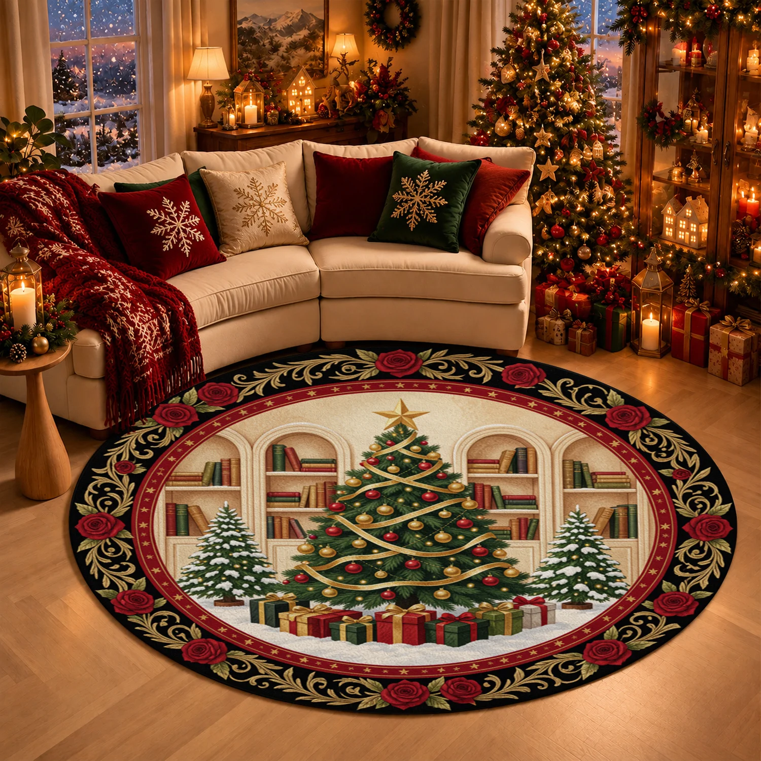 Circular Christmas Tree Rose Bookshelf Scene Decorative Velvet Mat Machine Washable Suitable For Living Room Entryway Dining Room Holiday Areas Halloween Thanksgiving Black Friday Christmas New Year