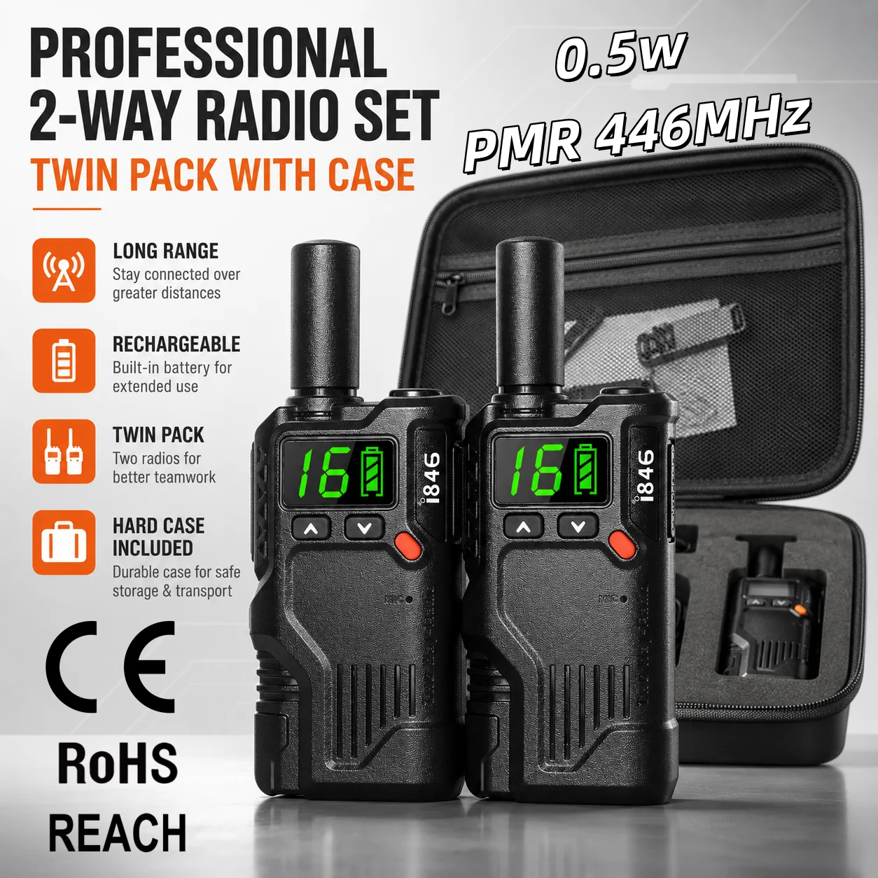 Twin Pack Long-Range Two-Way Radio FRS/PMR E23 Mini Walkie-Talkie with Earphones and Hard Case