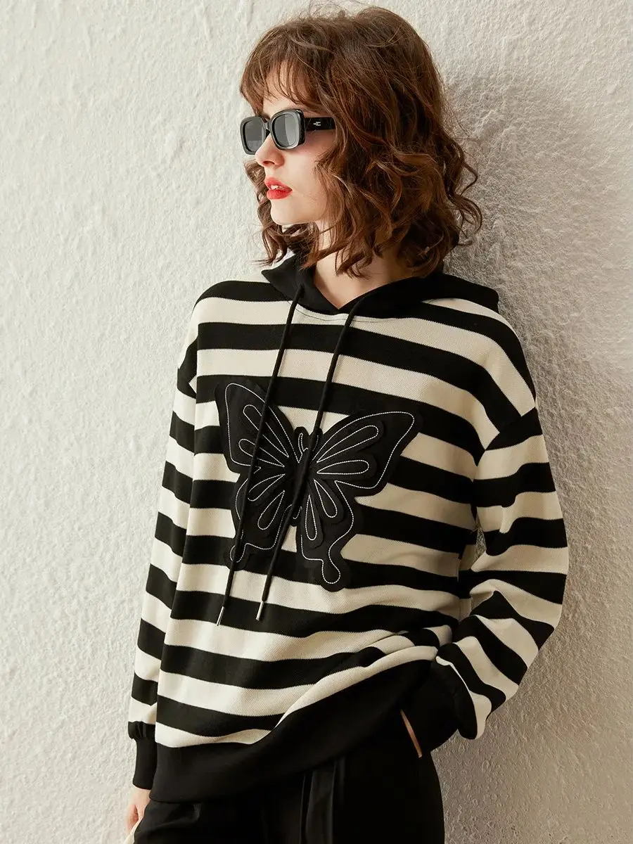 LOUIS YAO Women Hoodie Pullover 2024 Spring New Long Sleeve Striped Contarst Color Patch Butterfly Loose Casual Fashionable Top