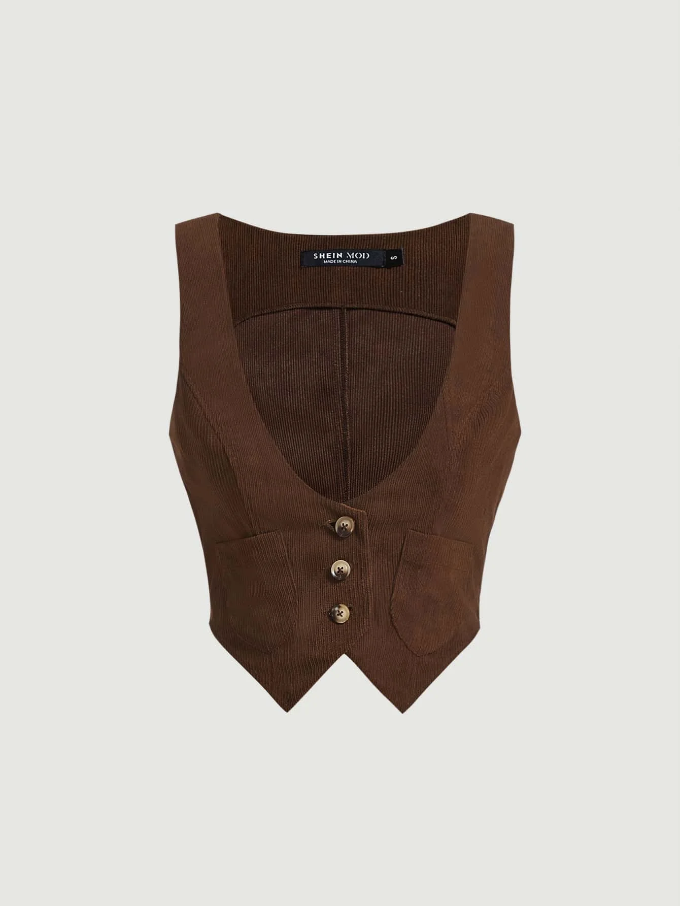 

Brown Corduroy Button-Front Crop Vest with Pocket Detail