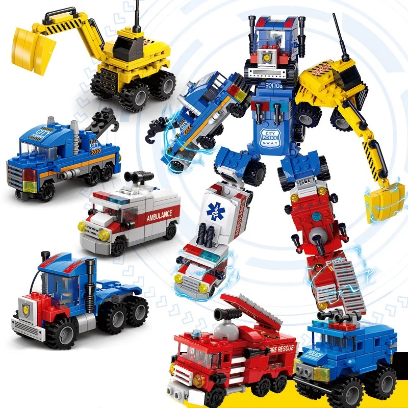 子供のための6-in-1都市車両ビルディングブロック,救急車の技術車両,消防署,トラックモデル,レンガのおもちゃ,482個