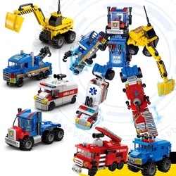 482pcs 6 in 1 Transformation City Car Technical Ambulance Vehicles Fire Police Trucks Model Building Blocks Children Brick Toy