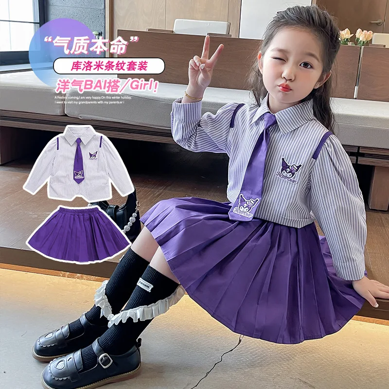 مجموعة قميص وتنورة مطوية بأكمام طويلة من Anime Kuromi Academy للفتيات JK طالب الحرم الجامعي نمط قطعتين الزي هدايا العيد