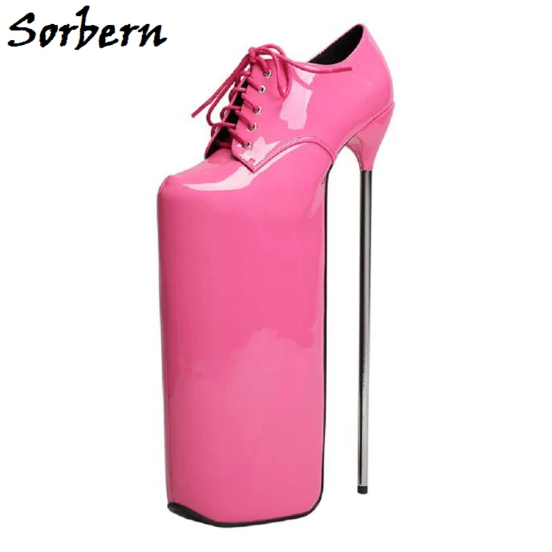 Sorbern 30cm Metal Heels Women Pumps Shoes With Platform Shiny Patent Fabric Lace Up Fashion Real Image Show Shoes