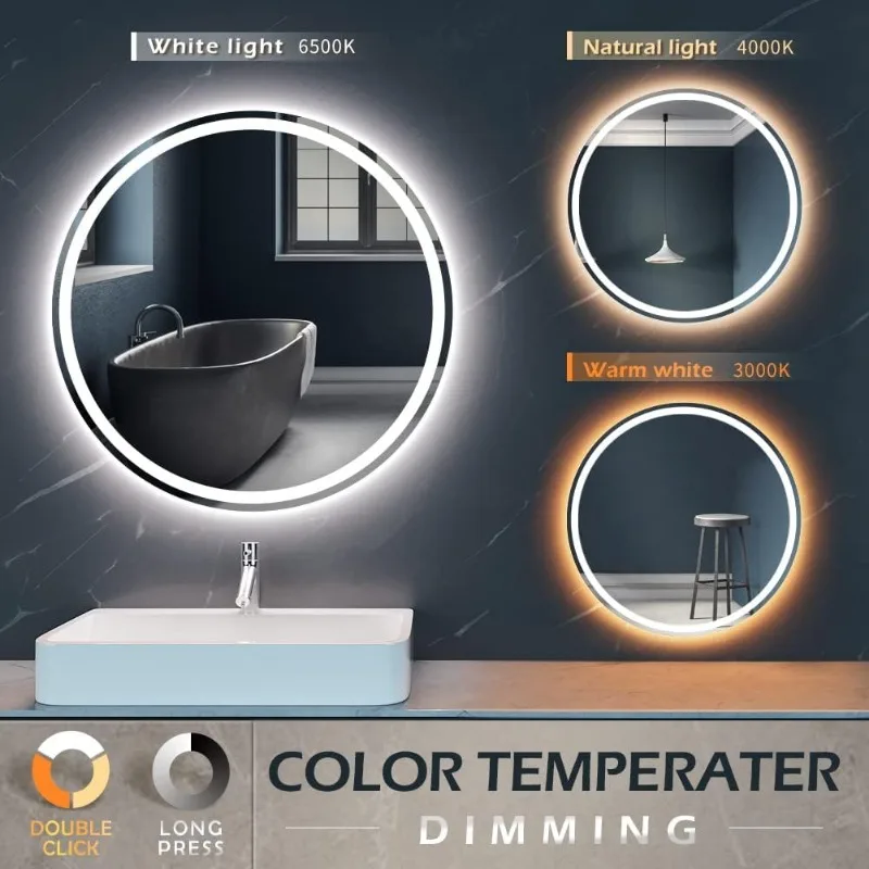 Large Modern LED Round Bathroom Vanity Mirror, Color Temperature Adjustable, Anti-Fog Dimmable Lights, Easy to Install