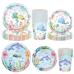Sea Animal Theme Disposable Tableware Under The Sea Baby Shower Party Plates Napkins Cups Ocean Animals Birthday Party Supplies