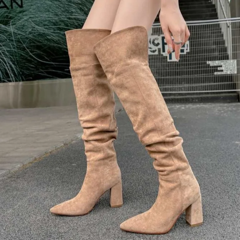 

Suede Women Pointed Toe High Heels Over The Knee Boots Chunky Fashion Heeled Shoes 2025 Winter New Pumps Woman Long Botas Mujer