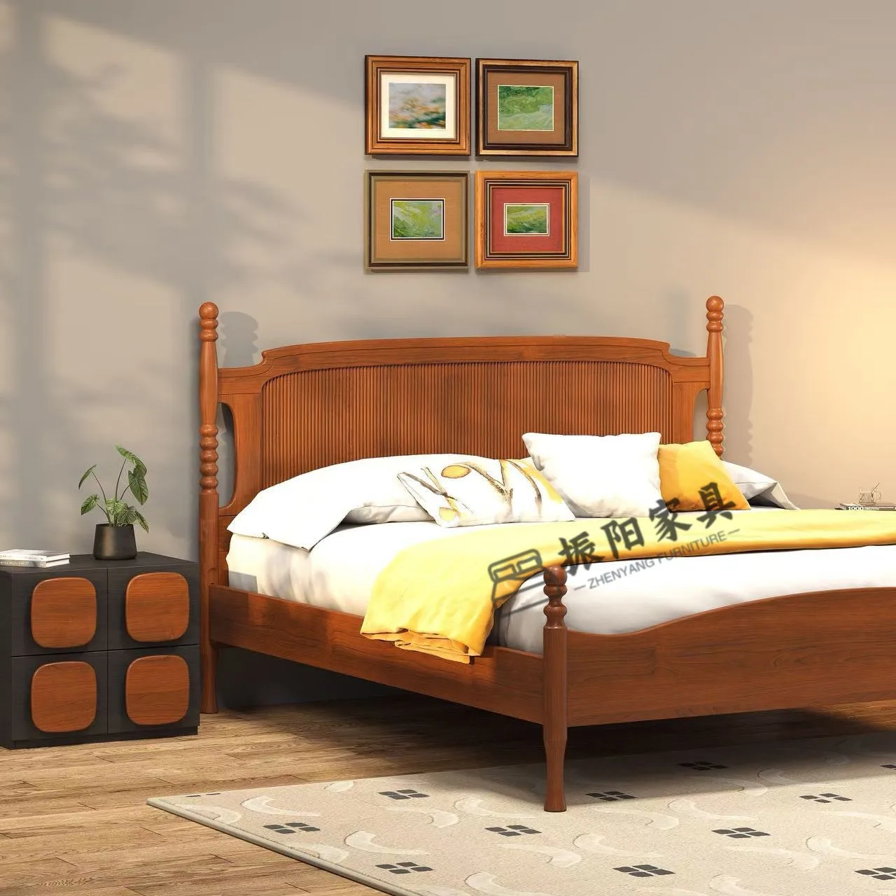 Medieval style solid wood bed British retro Senna wave 1.8 meters double master bed 1.5 meters red oak solid wood bed