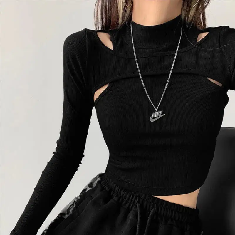 

Hollow Knitted Crop Tops Women New Fitness Fake Two-piece T-shirt Female Black White Long Sleeve Tops