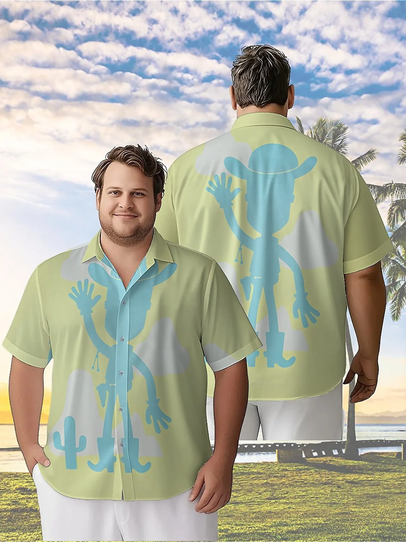 Men's Plus Size Hawaiian Shirts Classic Cowboy Hat and Cactus Pattern, Button Up Shirts, Unisex Casual Clothing, Summer Tops