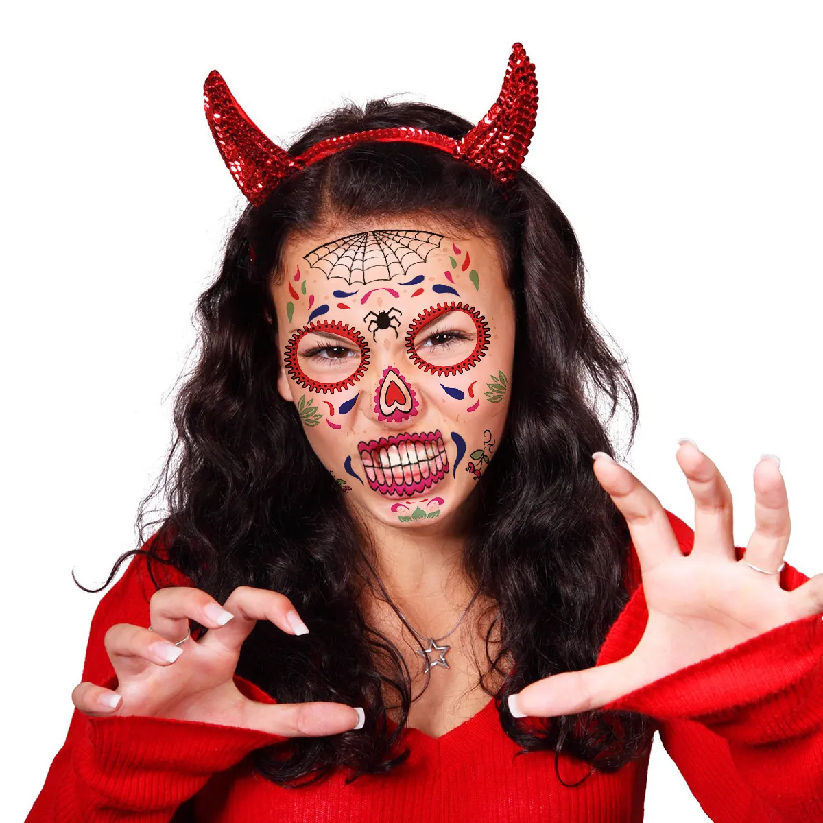 

12 шт. водонепроницаемых временных татуировок для лица, наклейки для Хэллоуина, переводные узоры, аксессуары для боди-арта, косплей