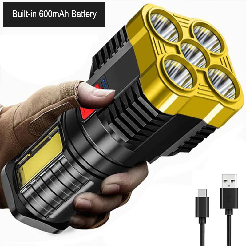 USB Rechargeable Flashlight 5LED Heads Torches Camping Light Lamp USB Rechargeable with Power Display and COB Side Floodlights