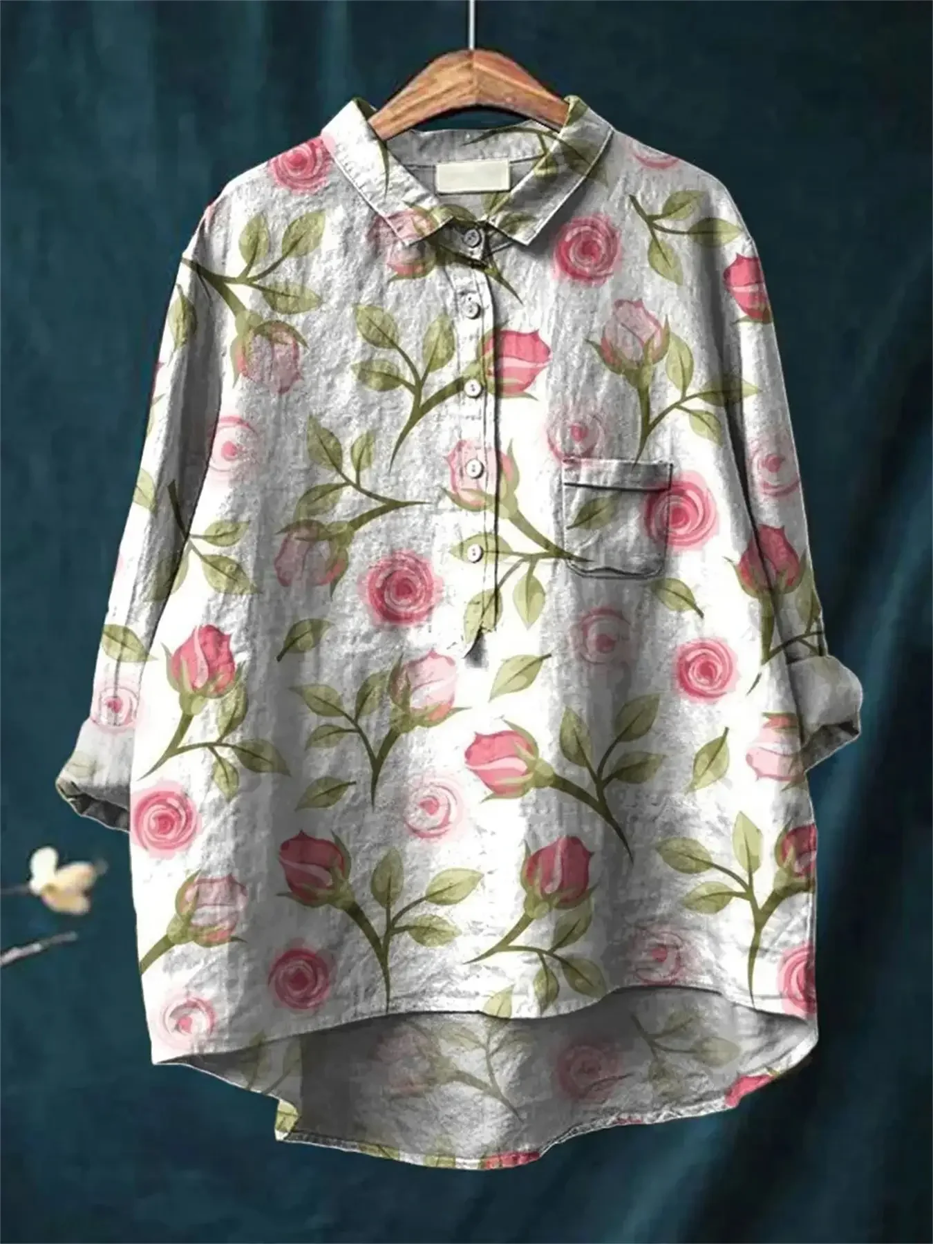 

Ladies' casual loose fit floral printed button up shirt -Elegant roses top Elegant and gentle roses