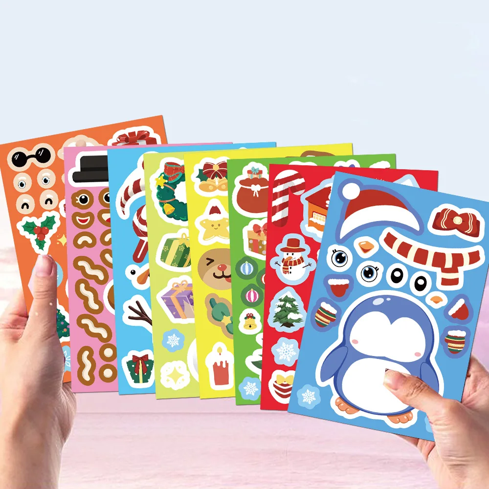 8 قطع مضحكة DIY الكتابة على الجدران عيد الميلاد ملصقات جعل سانتا كلوز البطريق الوجه لغز ملصقات عيد الميلاد الفن لوازم القرطاسية #5
