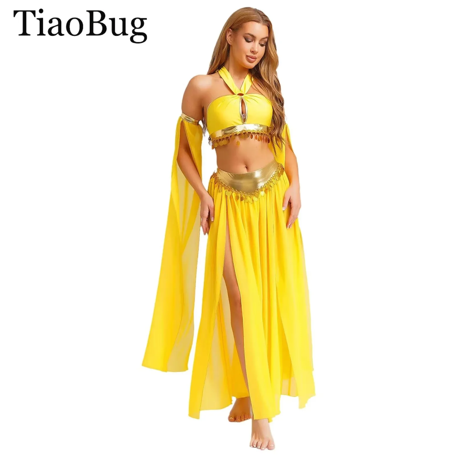 Damen Halloween Kleopatra Altägyptisches Königin-Kostüm Neckholder Crop Top mit Schlitz-Chiffonrock Ärmel Bauchtanz-Outfit