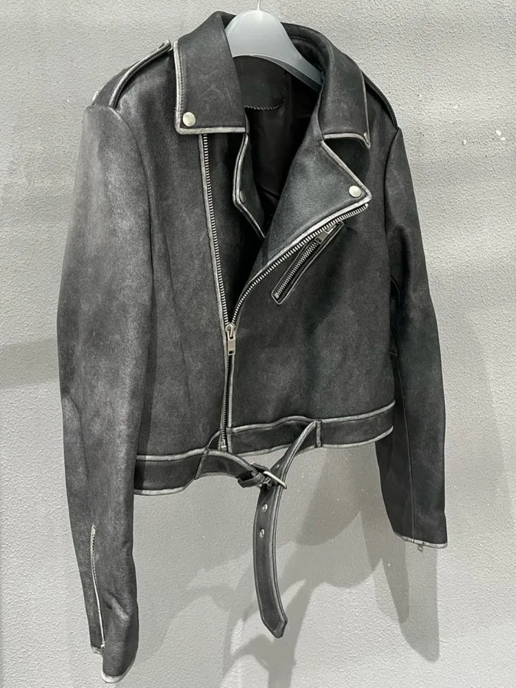 Giacca in vera pelle fatta a mano con risvolto stile casual, telai con cerniera ampia, maniche lunghe, capispalla da motociclista in pelle di pecora da donna