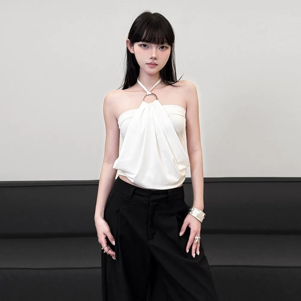 

SylCue 2025, новый стиль, топы на бретелях, женские топы с лямкой на шее, металлическое кольцо, лоскутное платье с открытыми плечами и открытой спиной, уличная мода, элегантная одежда с рюшами