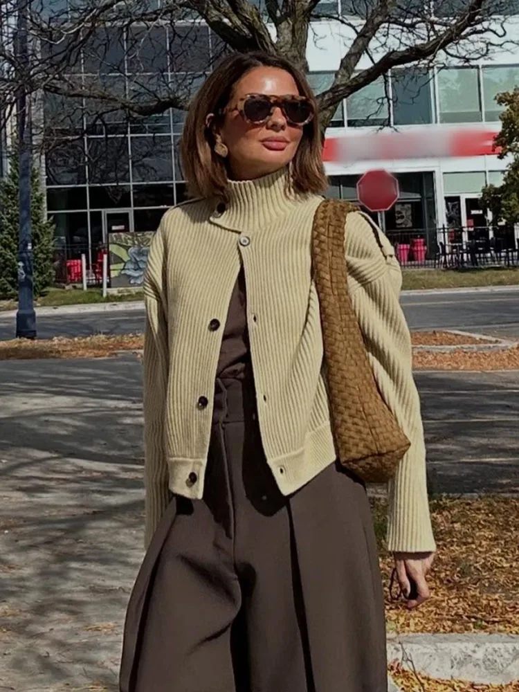 

HH женский вязаный кардиган с высоким воротником, модный однобортный текстурированный укороченный топ с длинными рукавами, женские осенние шикарные повседневные кардиганы