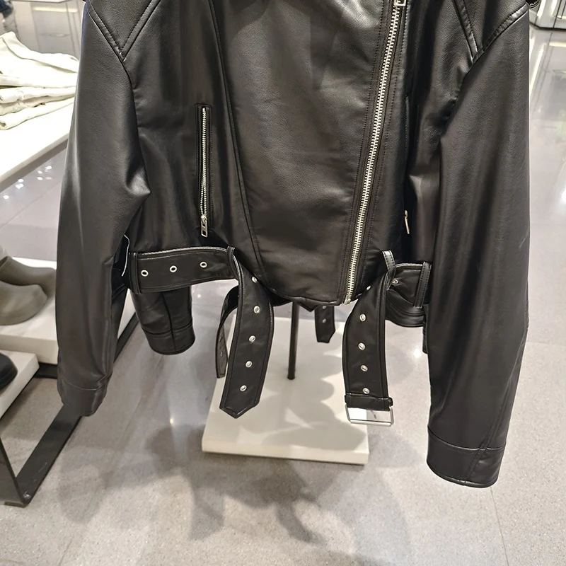 Herbst Damen Einfache Dry Motorrad Jaet PU Leder Mantel Reißverschluss Design Gürtel Pendeln Sle Lange Sve ort Länge