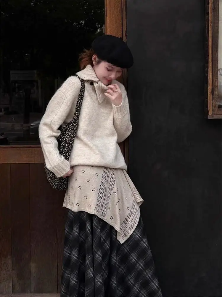 

Корейская вязаная юбка с вырезами в стиле Ins, женская, с высокой талией, А-силуэт, повседневная, для работы, цельная, с запахом, короткая юбка