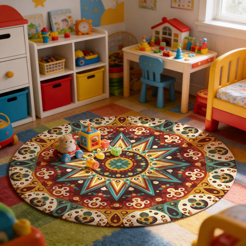 Bohemian Mandala Pattern Round Area Rug for Living Room Boho Chic Floor Decor Accent Mat
