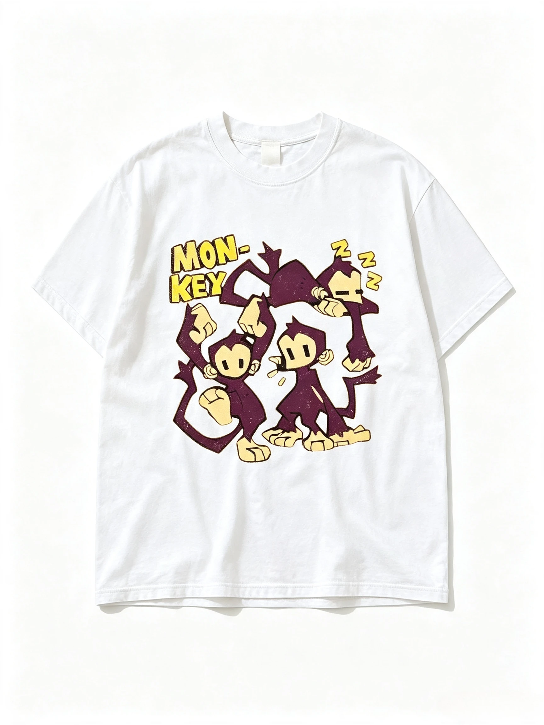 Unisex Loose Oversized Funny 'Mon-Key' Split Lettering Graphic T-Shirt with Three Cartoon Monkeys Harajuku Streetwear Style