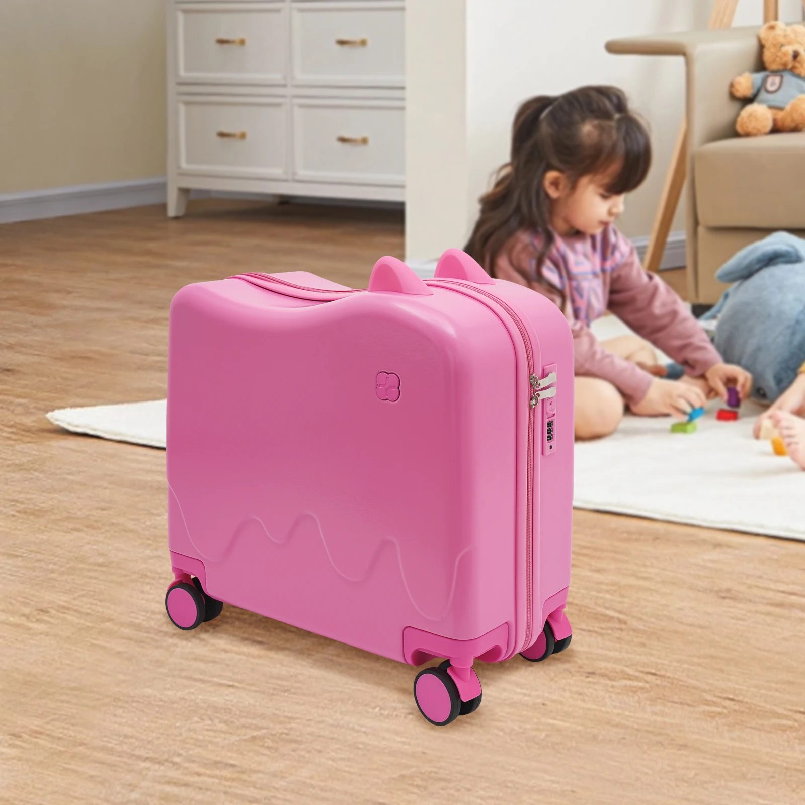 

18" Kids Ride-On Suitcase,Pink Children's Luggage Case, Rolling Luggage Built-in Password Lock with Four Silent Universal Wheels