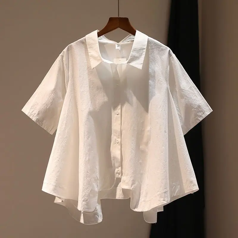 2024 Zomer Casual Damesmode Elegante Forensenrevers Losse Knoop Onregelmatig Japans Ontwerp Puur Katoenen Top Met Korte Mouwen